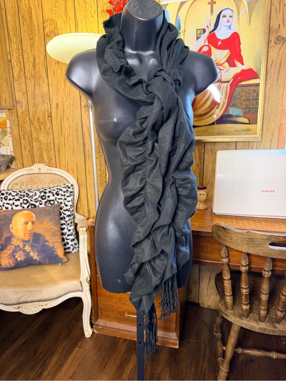Ruffled Fringe Black Women's Scarf